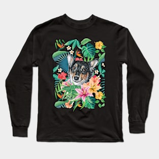 Tropical Black Headed Tricolor White Corgi Long Sleeve T-Shirt